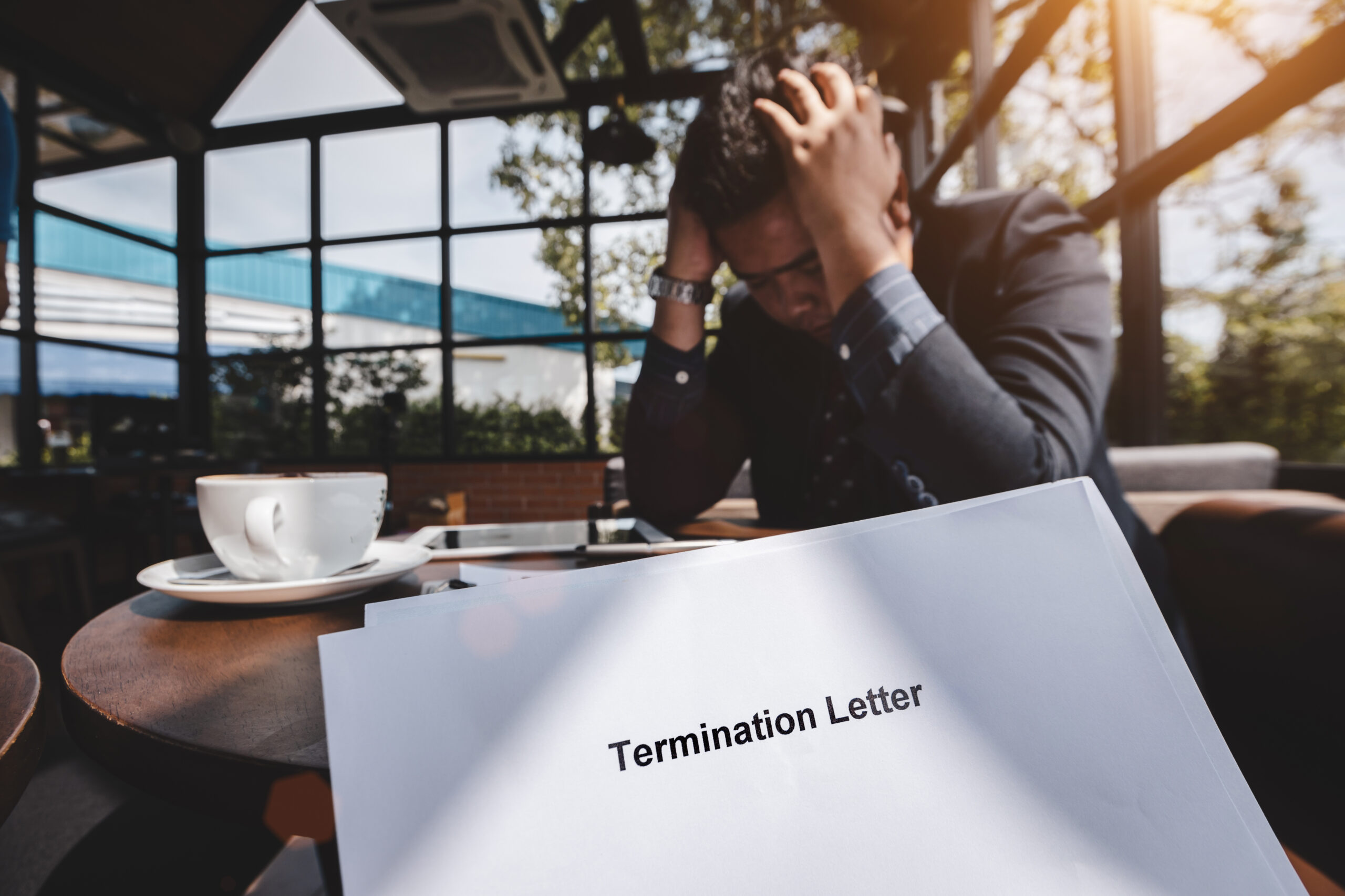 Photo of termination of Employment and layoff concept, Stressed businessman feeling down after received Termination of Employment Form needing a Wrongful Termination attorney san diego
